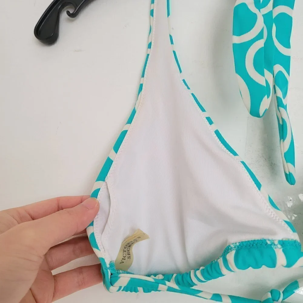 Victoria's Secret Teal Circle Pattern Triangle Bikini Top Swimsuit Size Medium
